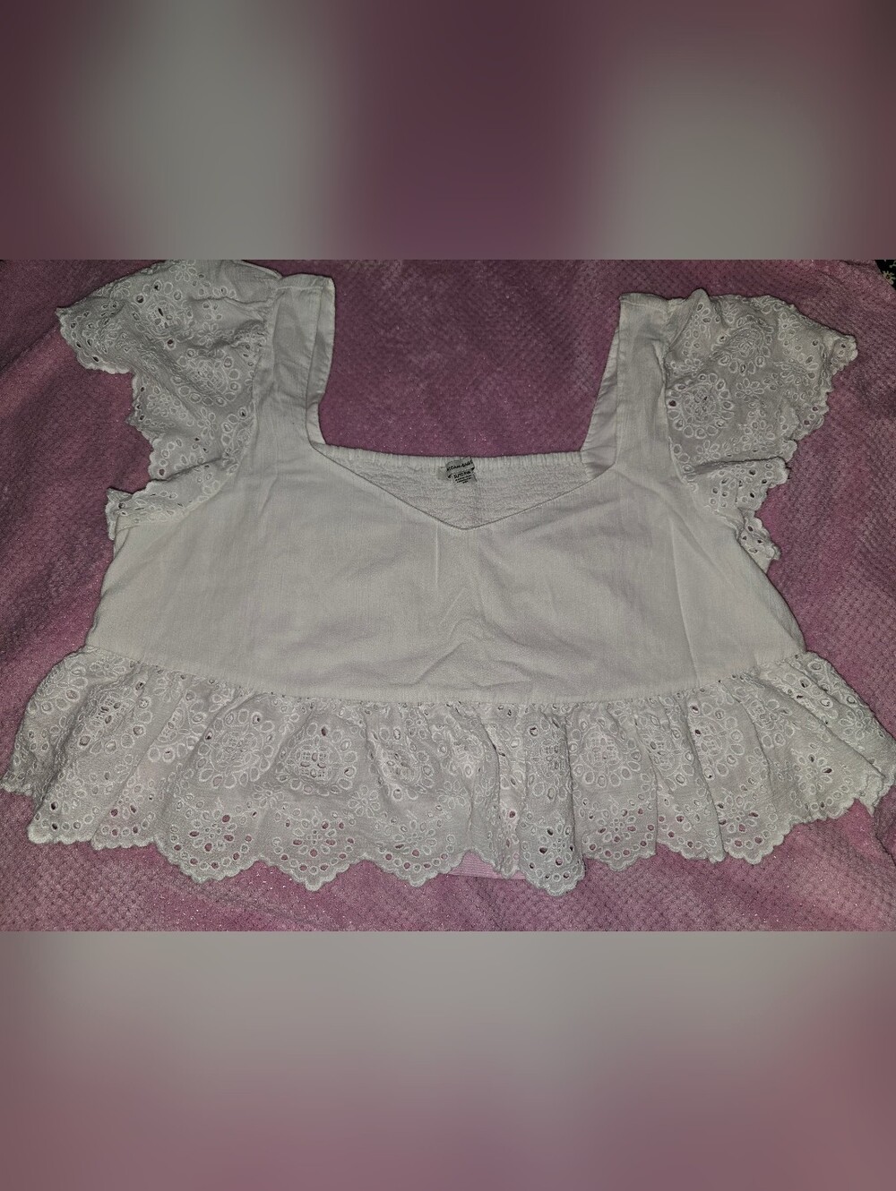 American Eagle White Eyelet Lace Flutter Sleeve Crop Top